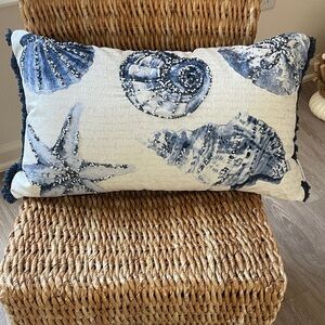 Coastal Blue and White Beaded Seashell Accent Pillow